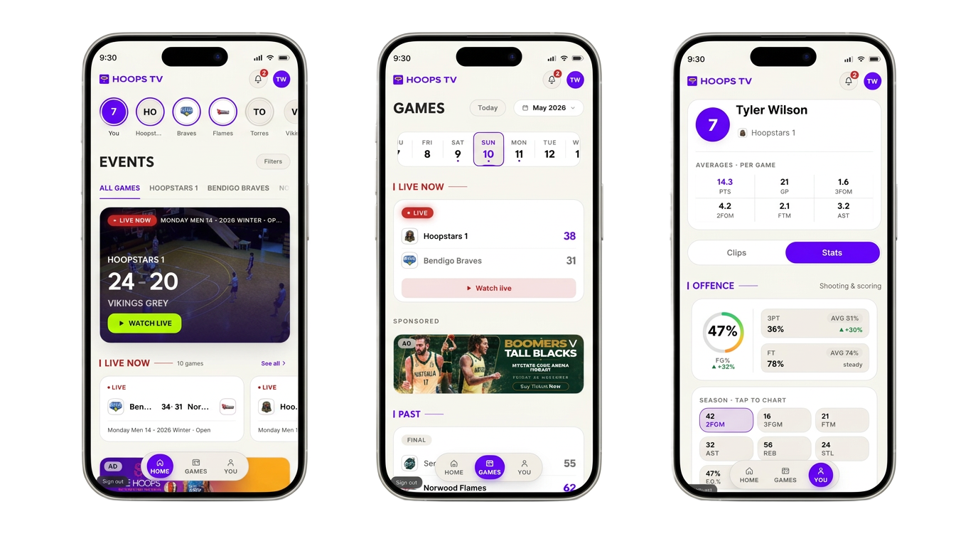 Three HoopsTV mobile screens showing live events, the games schedule and a player's personalised stats